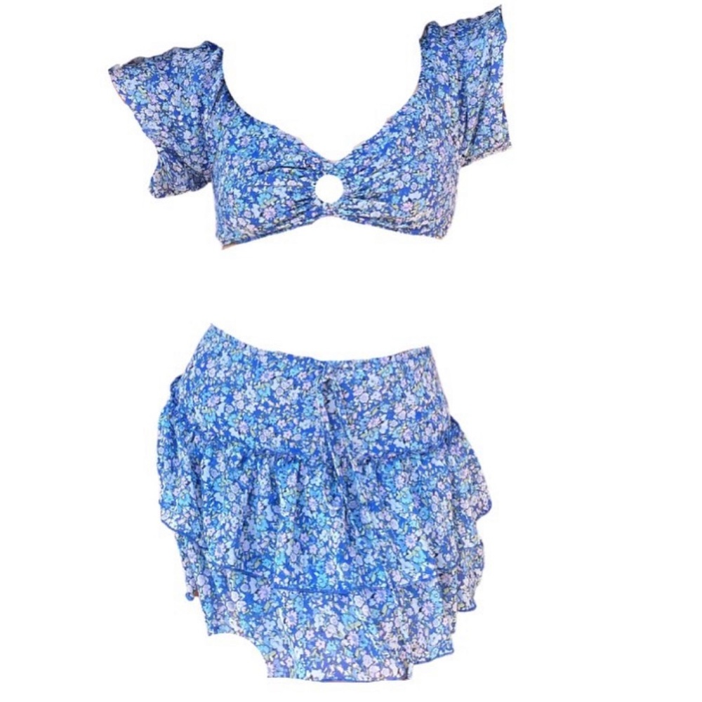 Flowery Blue Two Piece Skirt Set